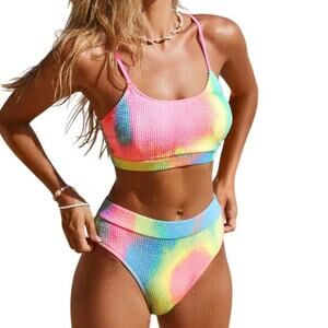 Cupshe Women's Tie Dye Wash Textured Scoop Neck Top & High Waist Bikini‎ Set L